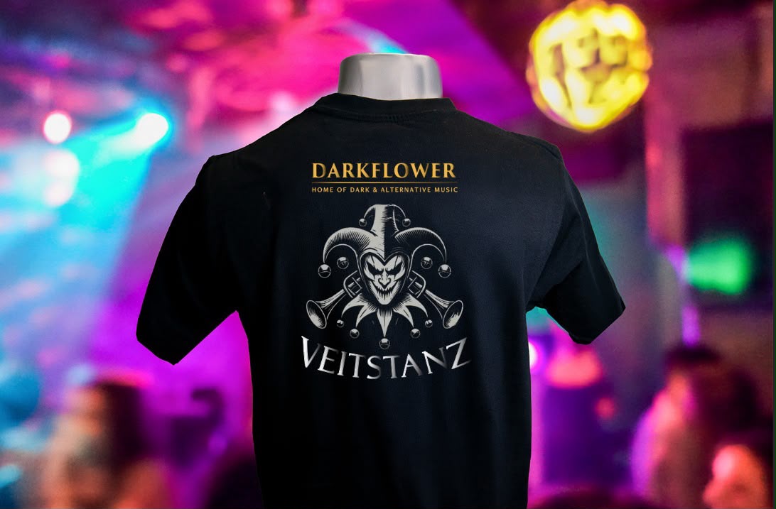 Veitstanz T-Shirt Rückseite mit Narren-Motiv und Darkflower-Logo